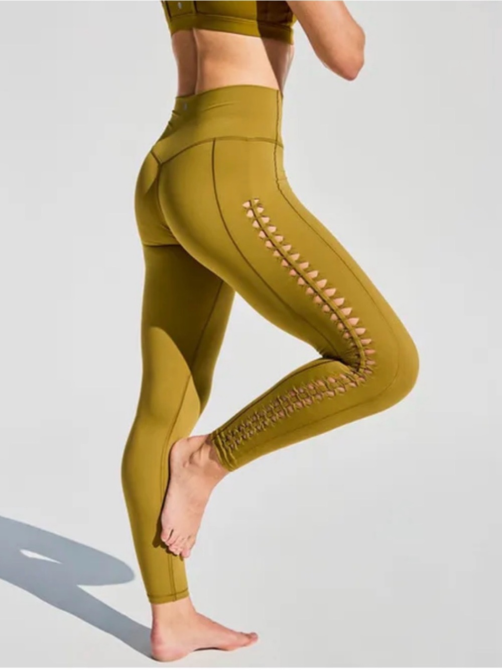 High-Waist Olive Green Leggings with Side Lattice Detail